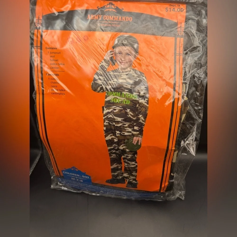 NEW - Army Commando Costume Child Jumpsuit Helmet Walkie Vest Canteen Size M 7-8